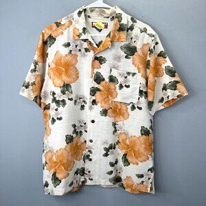 Havana Jacks Cafe Silk Hawaiian Shirt M Loop Collar Peach Hibiscus Cream Orange